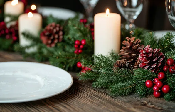 Branches, table, Board, candles, glasses, plate, Christmas, New year