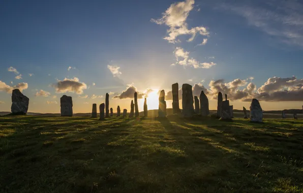 Field, the sky, the sun, clouds, rays, light, stones, construction
