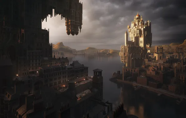 The city, River, Building, City, Fantasy, Landscape, Architecture, River