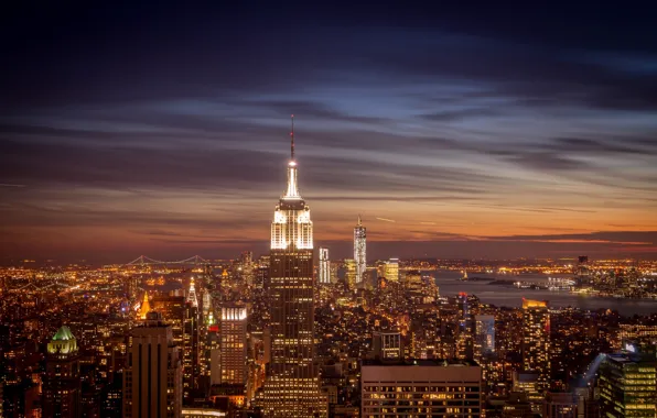 The city, lights, view, building, home, New York, skyscrapers, the evening