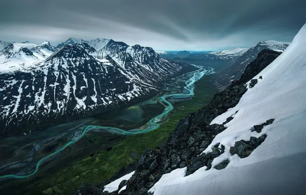 Picture the sky, clouds, snow, mountains, clouds, nature, river, overcast