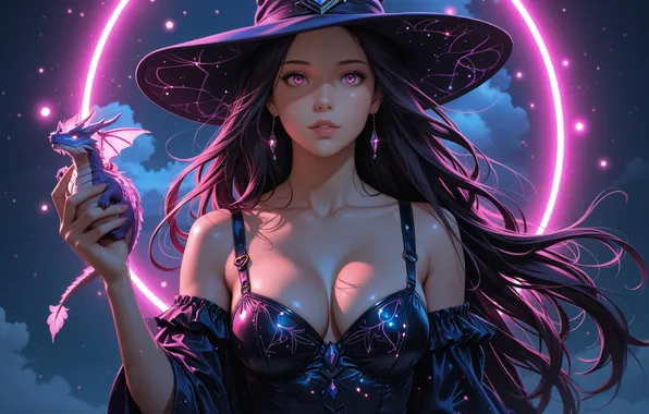 Girl, fantasy, cleavage, purple eyes, dragon, digital art, artwork, fantasy art
