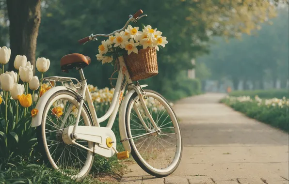 Picture summer, flowers, bike, retro, chamomile, spring, summer, sunshine