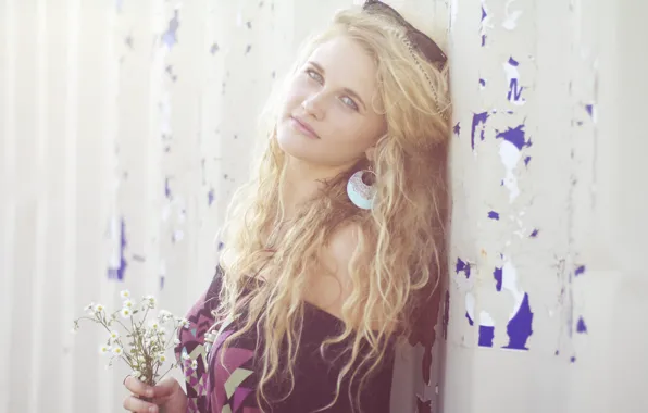 Girl, wall, woman, blue eyes, flowers, model, blonde, female