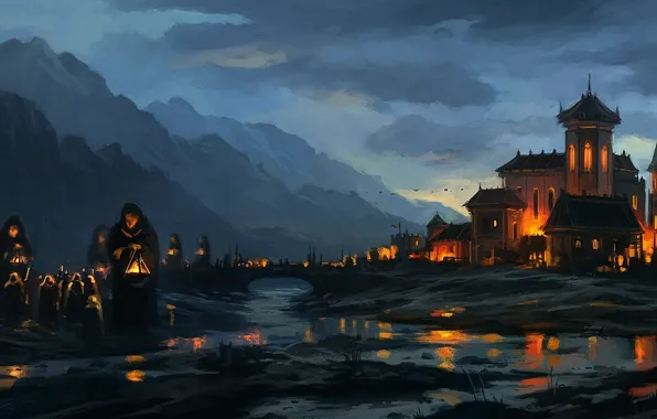 Bridge, river, the evening, art, lights, the monastery, monks