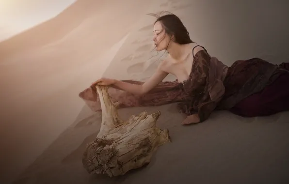 Sand, girl, pose, desert, dress, brunette, dunes, costume