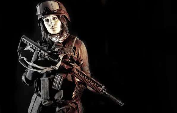 Picture girl, glasses, rifle, equipment, helmet, assault
