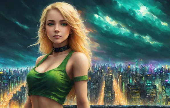 Girl, fantasy, night, art, painting, blond, digital art, town