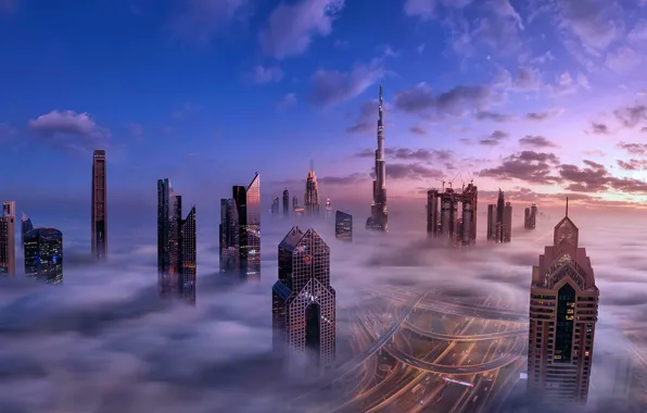 Clouds, sunset, heaven, road, home, The city, skyscrapers