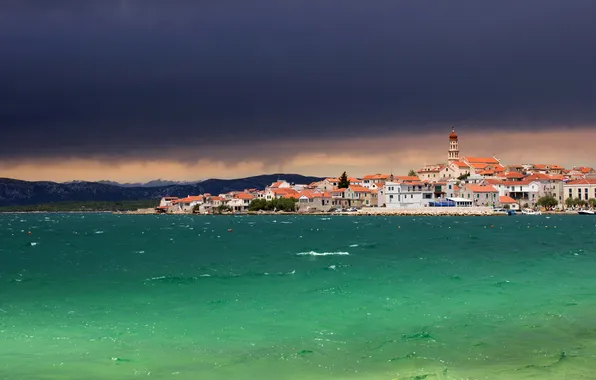 Sea, the sky, mountains, clouds, the city, shore, view, building
