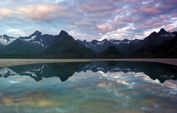 Picture the sky, clouds, mountains, lake, reflection, rocks, shore, tops