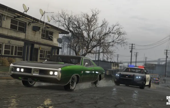 Picture road, rain, police, chase, Grand Theft Auto V, Los Santos, gta 5