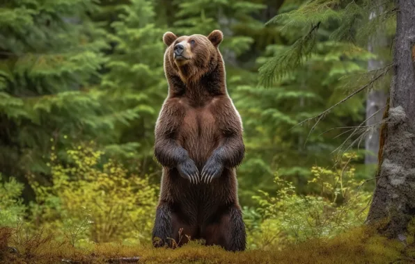 Forest, pose, bear, stand, brown, looking up, digital art, AI art