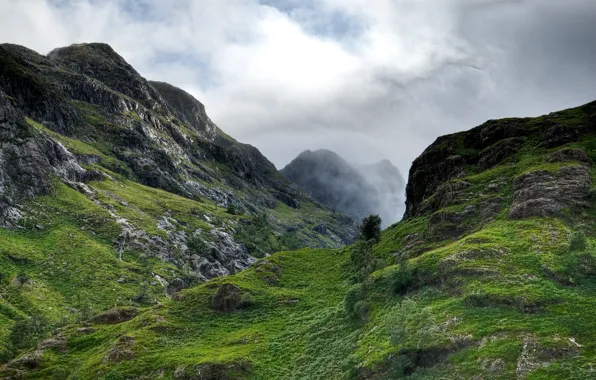 Picture the sky, mountains, stones, height, gorge, Scotland