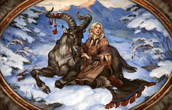 Picture look, girl, snow, animal, goat, art, painting, 2015