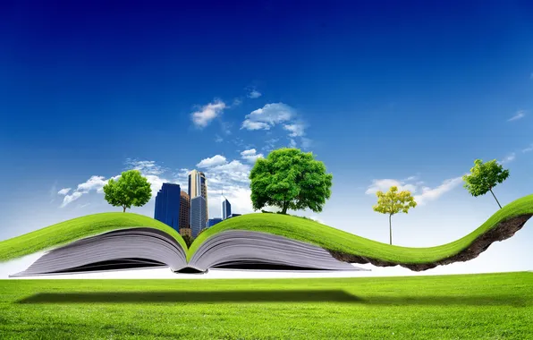 Trees, creative, lawn, building, book