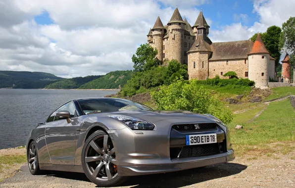 Picture sea, the sky, clouds, mountains, castle, Nissan, nissan gt-r