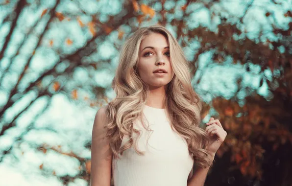The sun, trees, branches, model, portrait, makeup, dress, hairstyle