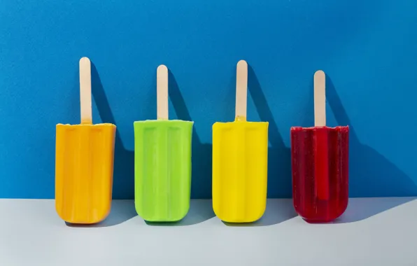 Ice cream, shadows, colorful, dessert, blue background, Popsicle, delicious, on a stick