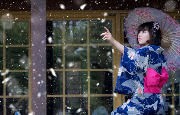 Girl, snow, umbrella, mood, Japanese, kimono, Asian