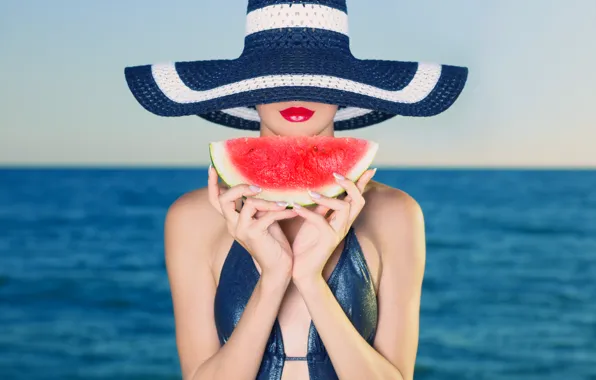 Picture sea, girl, hat, makeup, watermelon, horizon, lips