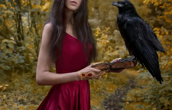 Forest, girl, nature, Raven, photoshoot, Evgenia Fedorova