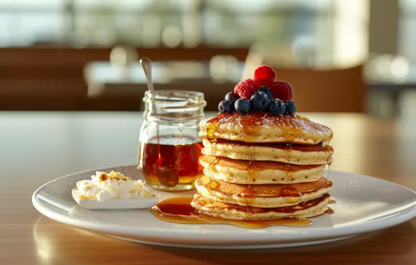 Light, berries, raspberry, table, blueberries, honey, plate, kitchen