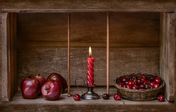 Apples, candle, Christmas, cherry, Merry Christmas