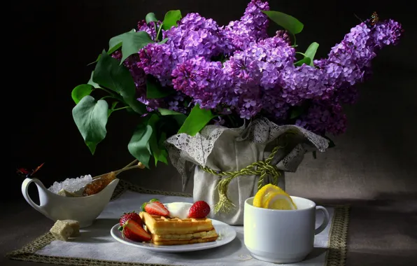 Picture butterfly, flowers, the dark background, lemon, Breakfast, strawberry, Cup, sugar