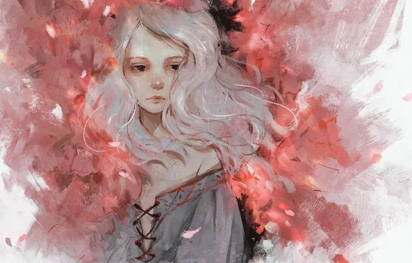 Girl, pink background, white hair, from panda, by panda
