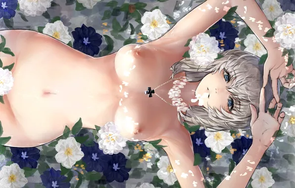 Girl, sexy, erect nipples, nipples, boobs, anime, blue eyes, flowers