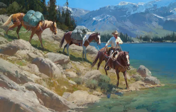 The sky, trees, landscape, mountains, lake, horse, cowboy, Anton Bill