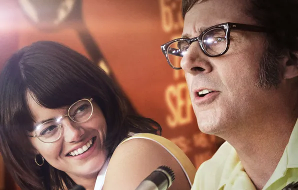 The film, sport, glasses, microphone, actors, poster, tennis, Emma Stone