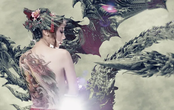 Girl, style, background, tattoo, Asian