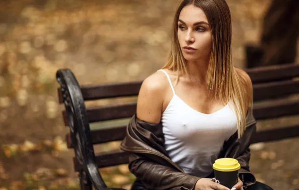 Chest, look, bench, glass, Girl, Mike, sitting, Sergey Sorokin