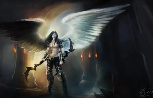 Picture fiction, wings, angel, the demon, art, guy, weapons. look