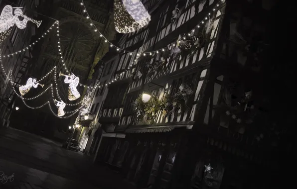 Night, street, angels, christmas, France, Strasbourg