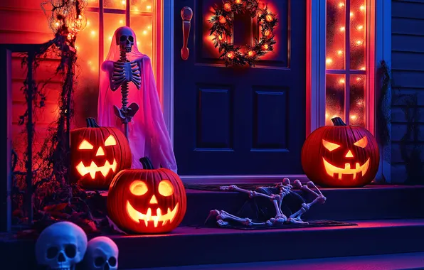 Autumn, decoration, night, lights, house, holiday, the door, ladder