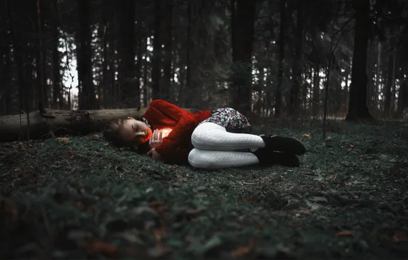 Forest, girl, glow, legs, Sergey Kuzichev, Anastasia Sukhanova
