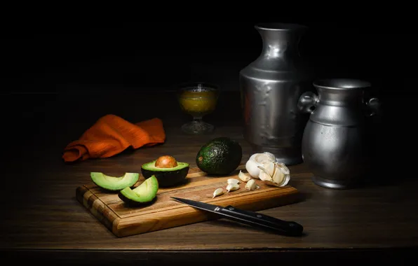 Dishes, still life, garlic, avocado