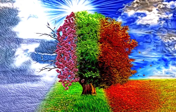 Abstraction, rendering, fantasy, tree, seasons, art, winter-spring-summer-autumn