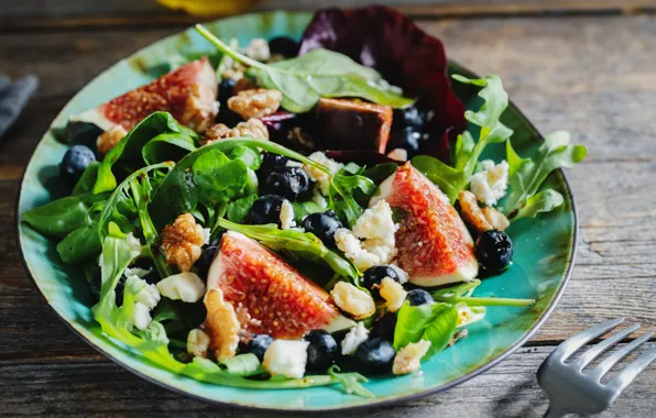 Greens, leaves, plate, salad, figs