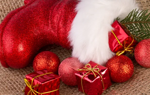 Picture red, holiday, balls, toys, gifts, New year, fur, Christmas