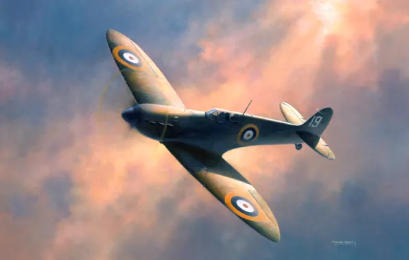 Picture sky, flying, WWII, spitfire painting