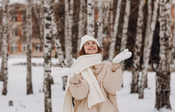 Winter, forest, girl, snow, nature, smile, Park, hat