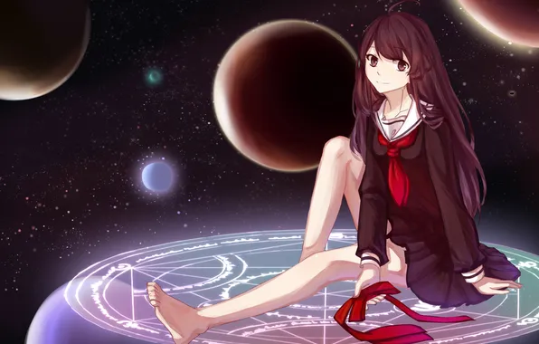 Picture girl, space, stars, planet, anime, art, tape, form