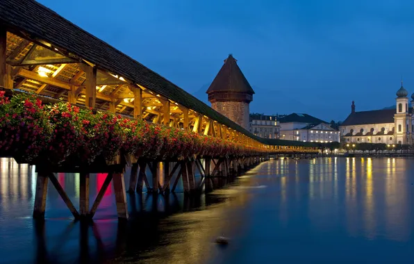 Picture bridge, lights, the evening, Switzerland, Lucerne, Chapel Bridge