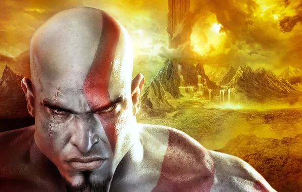 Picture eyes, look, The game, warrior, art, bald, scar, God of War