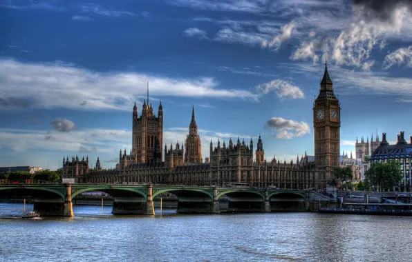 The sky, bridge, the city, river, HDR, UK, London, Parliament and Westminster