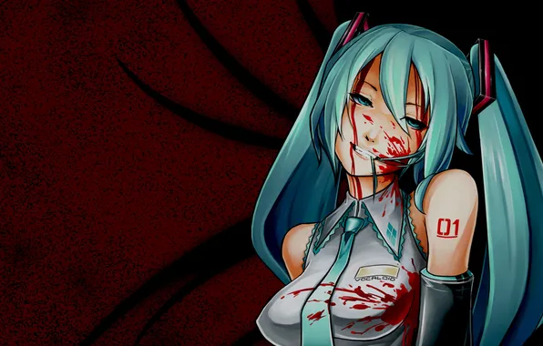 Girl, blood, tie, Vocaloid, Vocaloid, grin